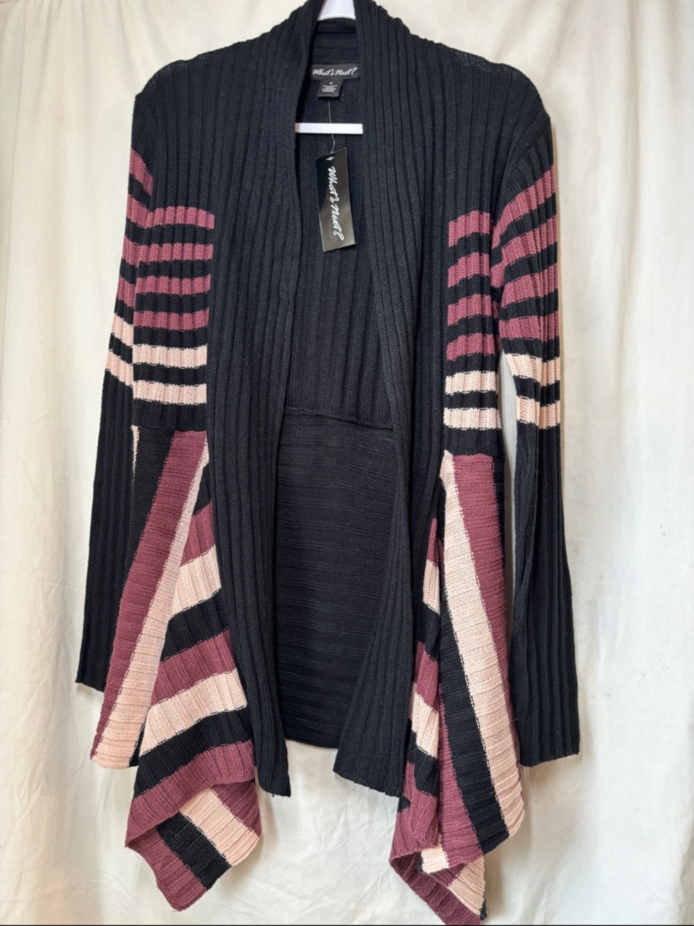 Whats next Black Open-Front Cardigan with Pink and Cream Stripes